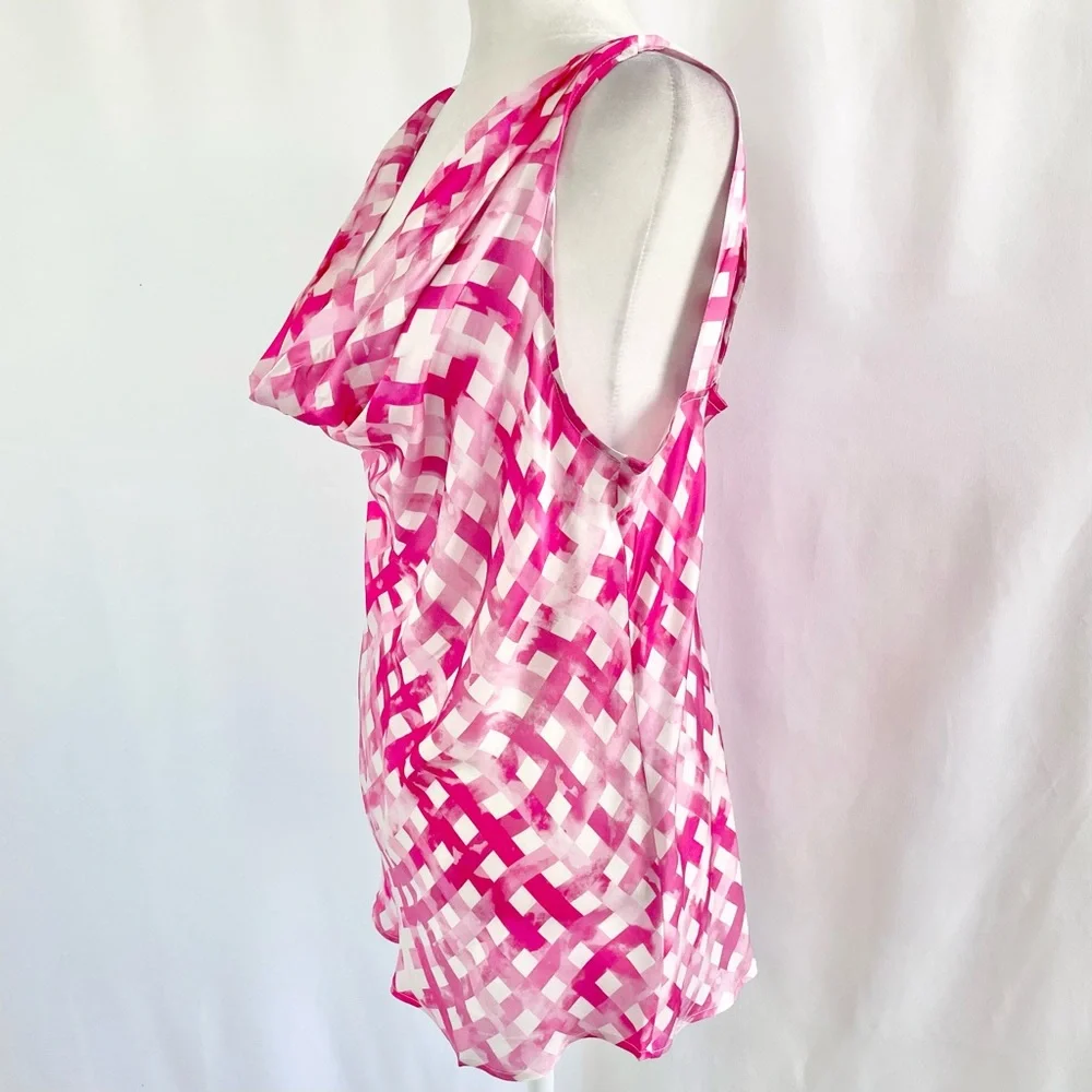 New Chloe Kristyn Gingham Satin Double Strap Cowl Neck Tank Top Pink Size Large - Picture 5 of 16